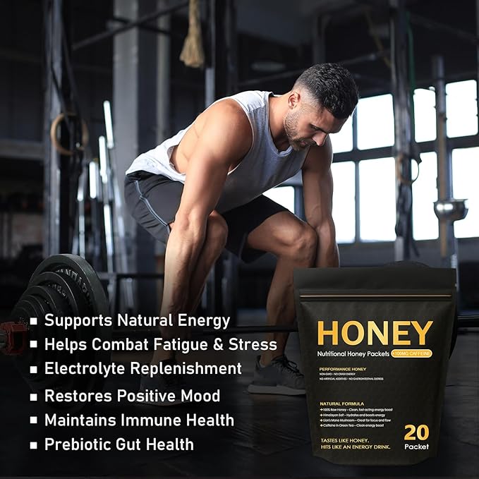 Nutrition Honey Packets - Nutritional Raw Honey 100mg Caffeine With Lions Mane Mushroom Green Tea Caffeine Himalayan Salt Boost Energy &amp Keeps Focused 100% Natural
