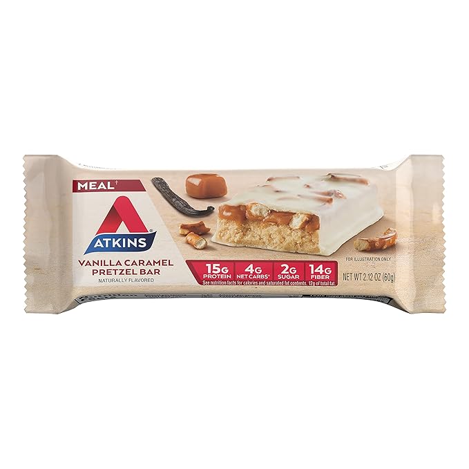 Atkins Vanilla Caramel Pretzel Protein Meal Bar High Fiber 2g Sugar 4g Net Carbs Meal Replacement Keto Friendly 5 Count