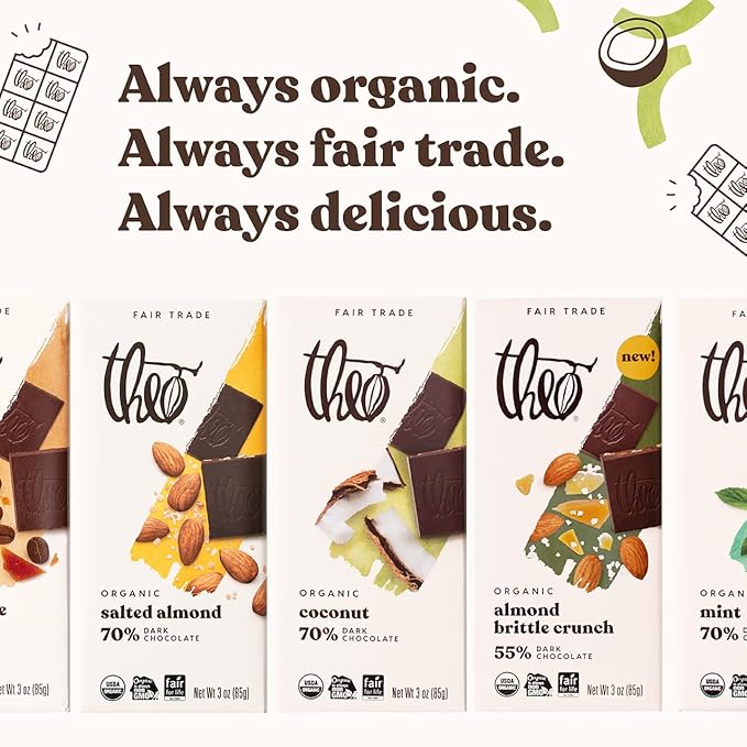 Theo Chocolate Coconut Organic Dark Chocolate Bar 70% Cacao 12 Pack | Vegan Fair Trade