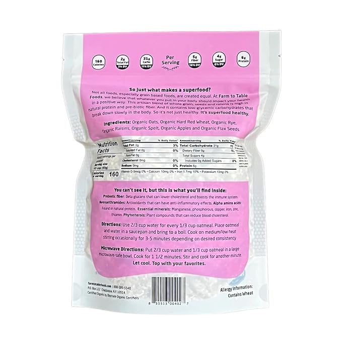 Farm to Table Foods Organic Oatmeal Variety Pack – High-Protein Plant-Based Unsweetened Non-GMO – 3-Pack (Apple Raisin Whole Grain Ultimate Organic)