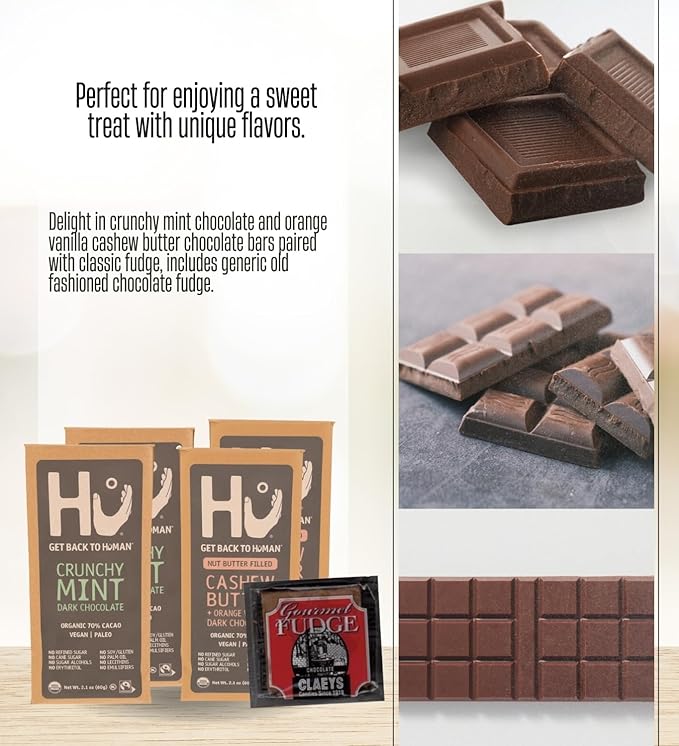 2x Hu Chocolate Crunchy Mint 2.1 oz and 2x Orange Vanilla Cashew Butter Bar 2.1oz Bundle with Claeys Old Fashioned Chocolate Fudge 1.75 oz – Organic Vegan Bars for Snacking – Gift Set (5 Items)