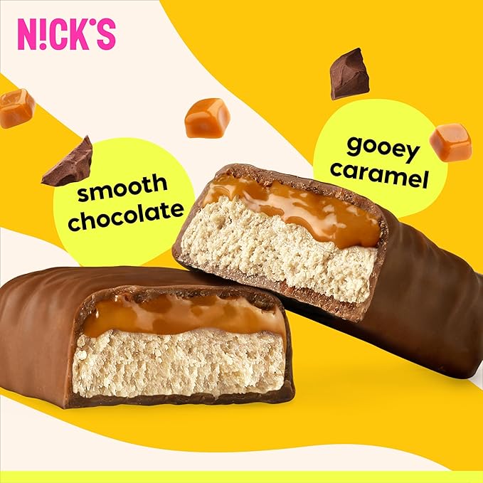 Nick’s Protein Bars Chocolate Caramel – 12-Count Box | Protein-Packed Snack Low Calories Low Carbs Keto Friendly No Added Sugar (12 bars x 50g)