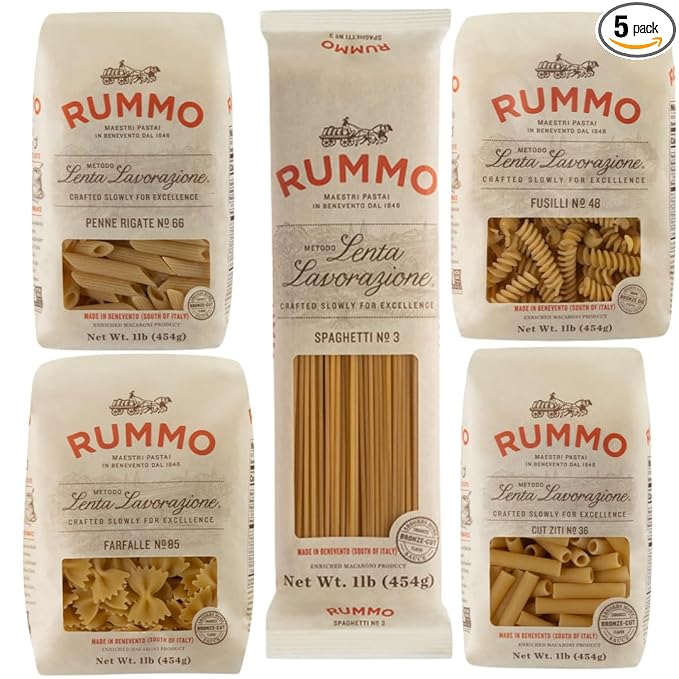 Rummo Pasta Variety Pack - Spaghetti Noodles Fusilli Penne Rigate Farfalle Ziti Made with Semolina Flour Pasta from Italy - 16 Ounce (Pack of 5)