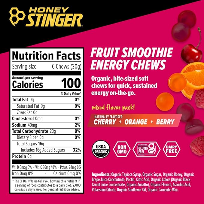 Honey Stinger Organic Fruit Smoothie Energy Chew Gluten Free &amp Caffeine Free for Exercise Running and Performance Sports Nutrition for Home &amp Gym Pre and Mid Workout 21.6 Ounces (Pack of