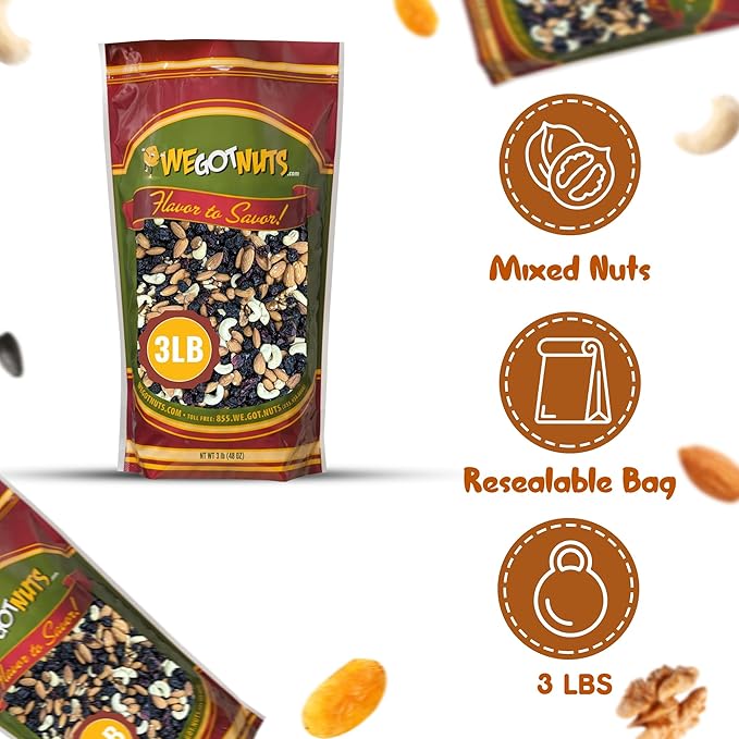 We Got Nuts Trail Mix Premium Blend with Almonds Cashews Cranberries RaisinsFilberts and Walnuts Kosher Certified 3 lb Resealable Bag