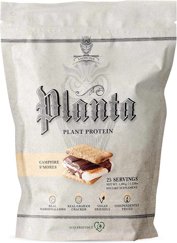 Ambrosia Planta - Plant-Based Protein Powder 20g | Dairy Free Vegan Protein Powder with BCAA Amino Acids | Keto-Friendly No Added Sugar | 25 Servings | Campfire Smores