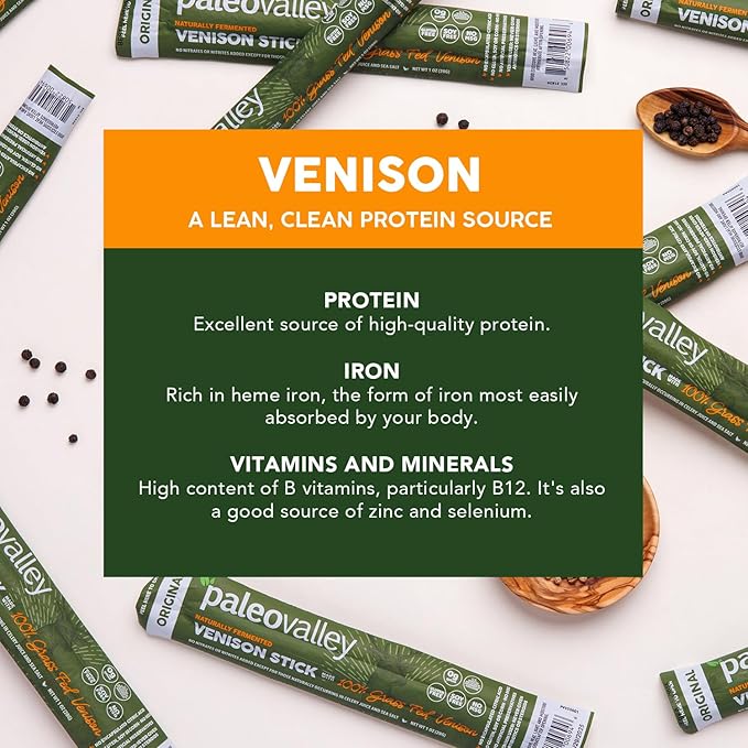Paleovalley 100% Grass Fed Venison Sticks – 10 Pack – Keto-Friendly High Protein Low-Calorie Snack – Omega-3 Rich Gluten-Free Nitrate-Free Naturally Flavored – Healthy On-the-Go Meat Snack