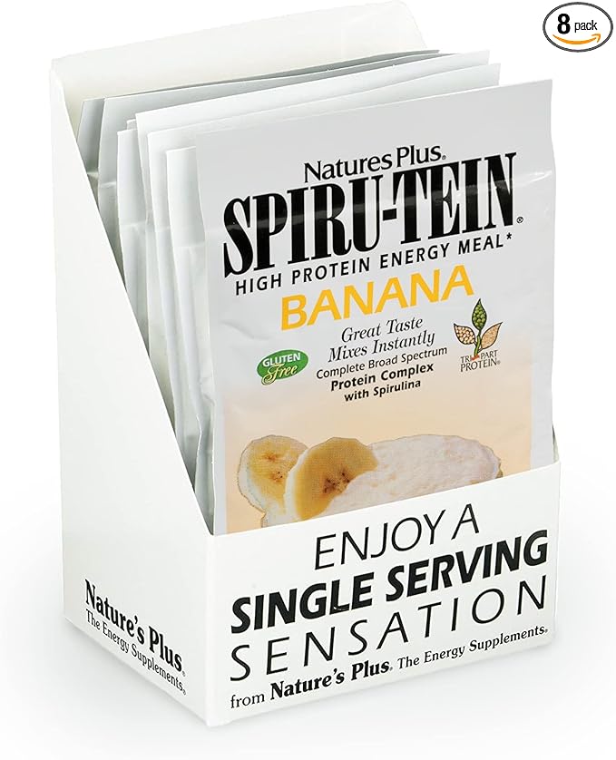 NaturesPlus SPIRU-TEIN Banana - 8 Total Packets - Plant-Based Protein Shake - Non-GMO Vegetarian Gluten Free - 8 Total Servings