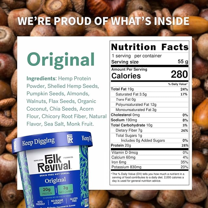 Folk Revival Original Keto Instant 'Oatmeal' - 20g Protein 3g Net Carbs High Fiber Non GMO Gluten Free Made with Acorns - 12 Cups Per Case