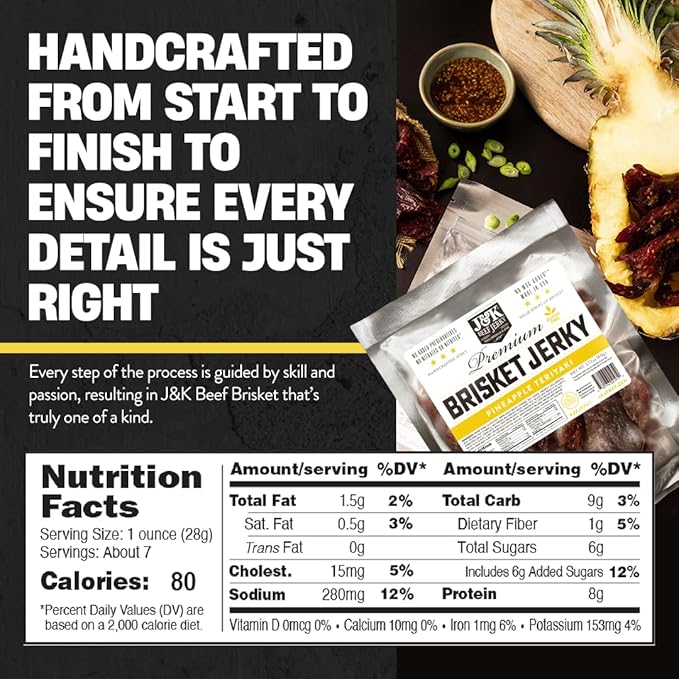 J&ampK Jerky Beef Brisket Jerky - Pineapple Teriyaki - Hand Crafted Small Batch American Made Slab Jerky's - Bold &amp Flavorful Snack! - 7oz Big Bag of Jerky's
