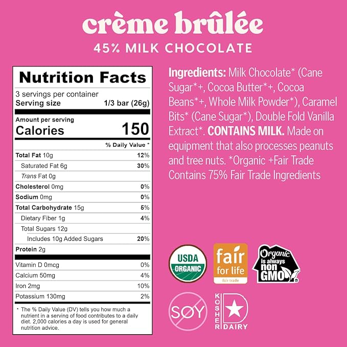 Theo Chocolate Valentine's Day Creme Brulee Organic Milk Chocolate Bar 45% Limited Edition 12 Pack Fair Trade Non-GMO