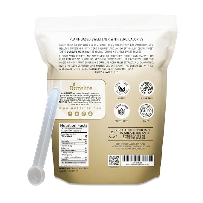 Durelife Organic 100% Pure Monk Fruit sweetener No Erythritol Monkfruit Extract Powder USDA organic NON-GMO Project Verified Keto Certified OU kosher No Fillers Zero Calorie Sugar Substitute 15