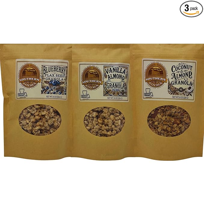 Southern Kitchen Granola 8oz Variety Pack - Vanilla Almond - Blueberry - Coconut Almond - 3 Pack - Certified Louisiana