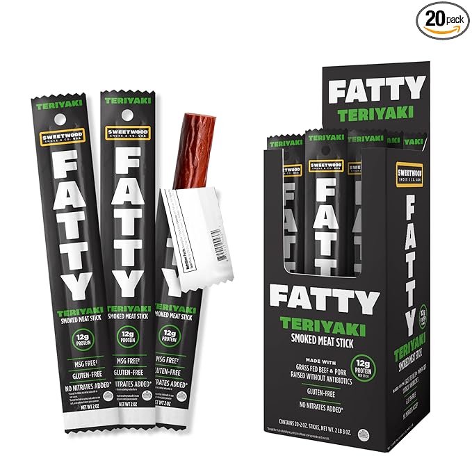 FATTY Meat Sticks Made with Grass Fed Beef Pork Raised Without Antibiotics 12g Protein Per Stick Teriyaki Easter Basket Stuffer for Men 2 oz. (Pack of 20)