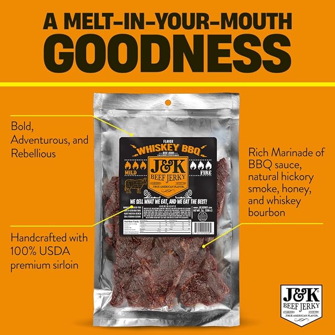 J&ampK Whiskey BBQ Beef Jerky - Small Batch American Made Slab Beef Jerky Spicy and Savory Snack with a Kick - Bold &amp Flavorful Snack! - 7oz Big Bag