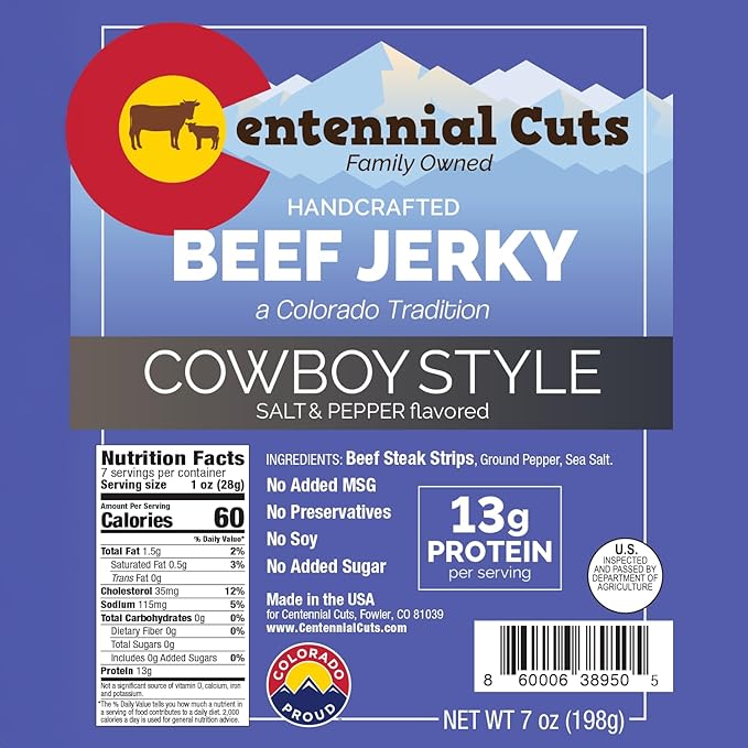 Centennial Cuts Beef Jerky – Cowboy Style - High Protein Zero Sugar &amp Zero Carbs 3 Simple Ingredients – 7 oz Snack
