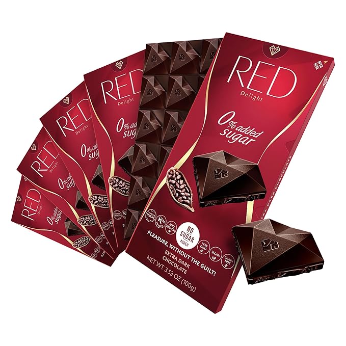 Red Delight Extra Dark Chocolate Bars - 3.53 oz Pack of 6 - Full-Size Keto-Friendly Low Carb Kosher No Added Sugar - European Vegan Chocolate with Smooth Creamy Texture