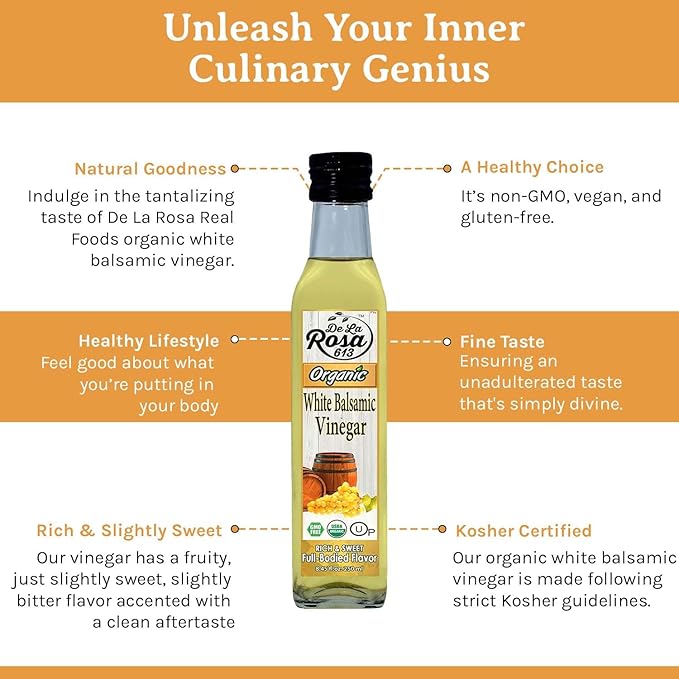 De La Rosa Organic White Balsamic Vinegar Aged in Spanish Wood Barrels Kosher for Passover Vegan &amp Gluten-Free Great for Salad Dressing Marinades Organic Balsamic Vinegar 8.45 Oz (Pack of 2)