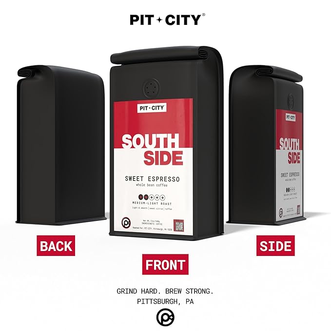 Pit City South Side Sweet Espresso Blend Medium-Light Roast Whole Bean Coffee 12oz Bag - Light &amp Smooth Sweet Citrus &amp Toffee - Premium Small Batch Roasted - Pittsburgh