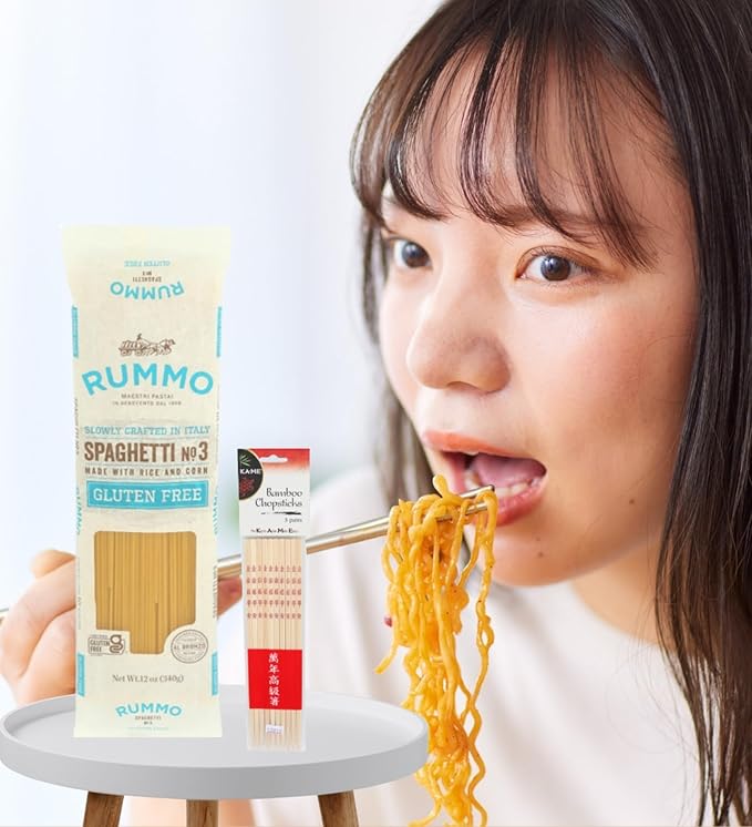 6x Rummo Pasta Spaghetti 12 OZ Bundle with Bamboo Chop Stck Pair – Slow-Dried Durum Wheat Spaghetti with Eco-Friendly Utensils for Cooking or Serving – Gift Set (7 Items)