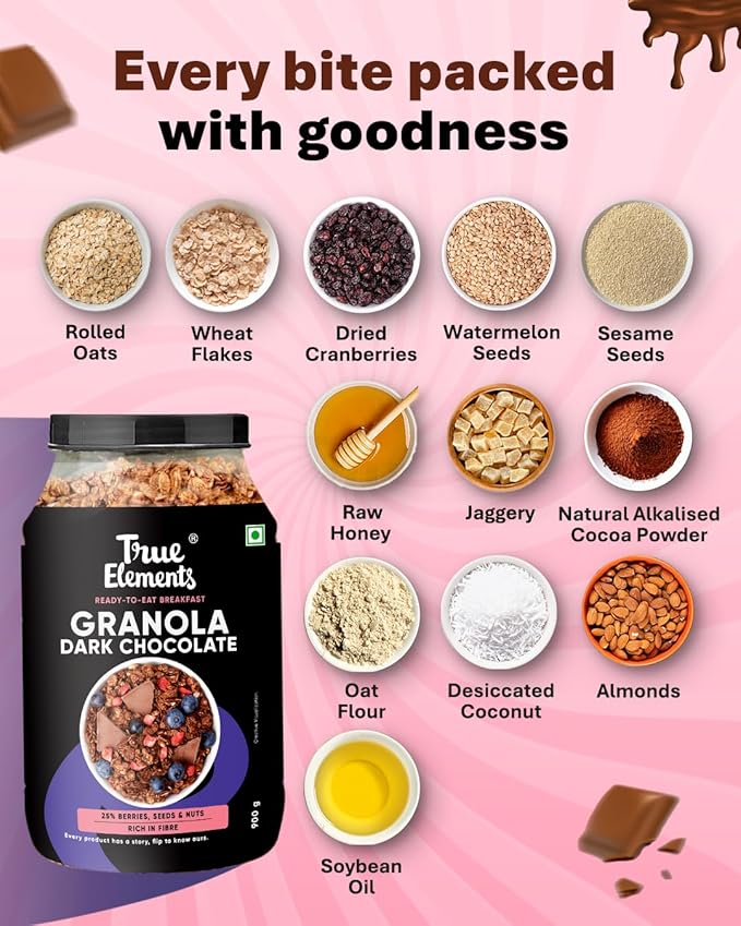 True Elements Chocolate Granola 31.74 Oz - With Dark Chocolate Almonds &amp Cranberries | Granola for Breakfast | Healthy Food | 100% Whole Grain Cereal