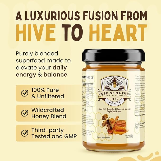 DOSE OF NATURE Raw Honey with Bee Bread | Small Batch Unfiltered Superfood Honey Pack for Energy &amp Stamina | Organic Honey for Vitality Recovery Immunity &amp Daily Wellness | Wildcrafted 50