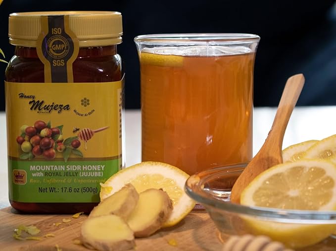 Authentic Mountain Sidr Honey with Royal Jelly – Jujube Honey Supports Mental Health Memory and Cognition 100% Natural Raw Liquid Honey Gluten Free (500g / 17.6oz)