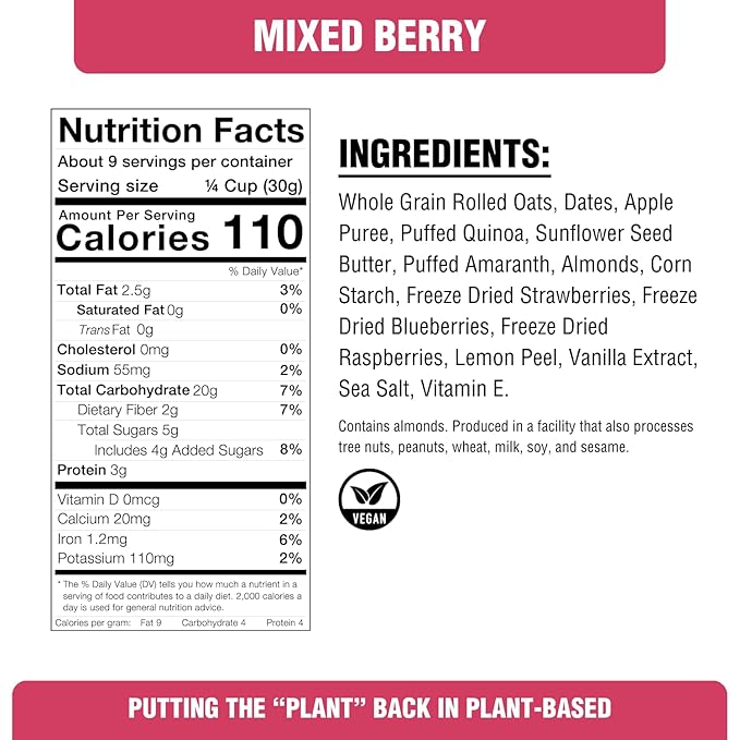 PLANTSTRONG Crispy Mixed Berry Crumble Granola – Whole Grain Oil-Free Granola with Blueberries &amp Raspberries Sweetened Only with Dates Made from Whole Plants Crunchy Breakfast or Snack (4-Pack