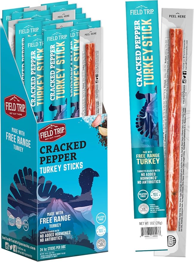 Field Trip Cracked Pepper Turkey Jerky Snack Sticks Keto Paleo Gluten Free Allergy Friendly Snack High Protein 70 Calorie Snack 1oz 24 Pack