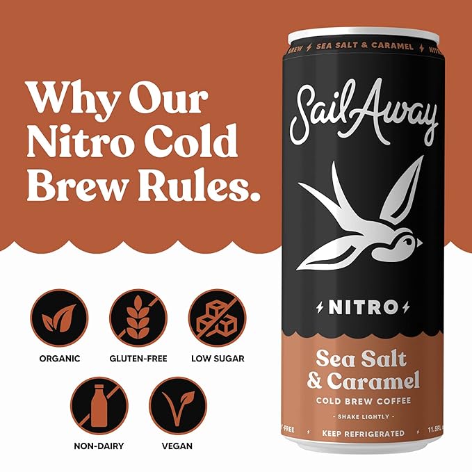 Sail Away Coffee Nitro Cold Brew Coffee Cans - Less Acidic Coffee Beverages | Draft Nitrogen Pour 220mg Caffeine Gluten Free Organic Keto Sea Salt &amp Caramel 6 Pack