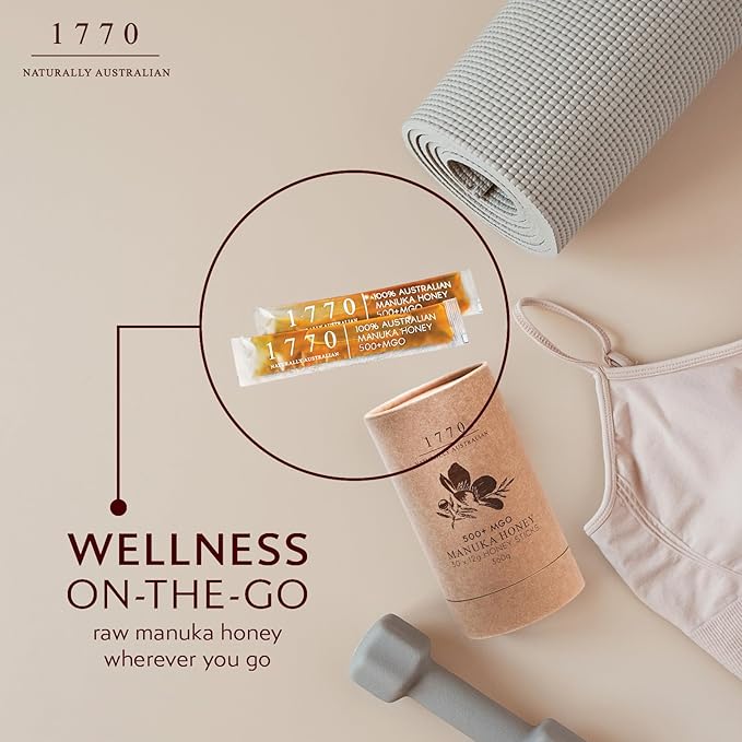 1770 Naturally Australian MGO 500+ Manuka Honey Sticks 30 x 15g Organic Honey for Tea Yogurt &amp Travel Snacks