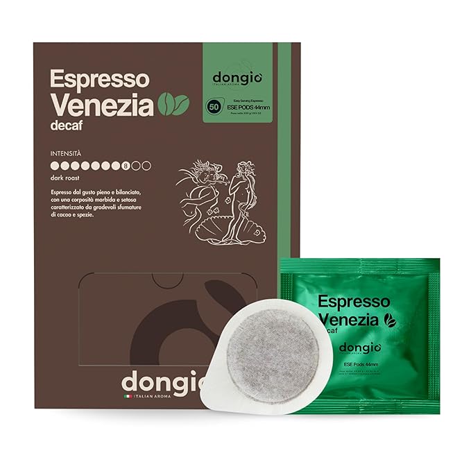 Dongiò Caffè Espresso Venezia (dek) - 50 Easy Serving Espresso Pods (ESE 44mm) – Dark Roast Coffee (Intensity 8/10) - Roasted and Blended in Italy