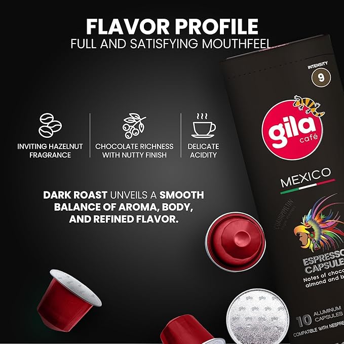 GILA Café Mexico Aluminum Coffee Capsules – Dark Roast Espresso Pods Compatible with Nespresso Original Machines – 100% Mexican Arabica Coffee Chocolate &amp Nut Flavor Notes 60 Count