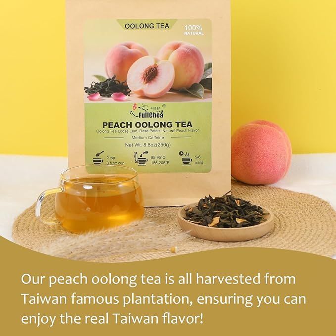 FullChea - Taiwan Peach Oolong Tea Loose Leaf - 8.8oz / 250g - Dongding High Mountain Blossom Tea - Gaoshan Ulong Green Tea - Blend with Natural Edible Rose Petals - Medium Caffeine