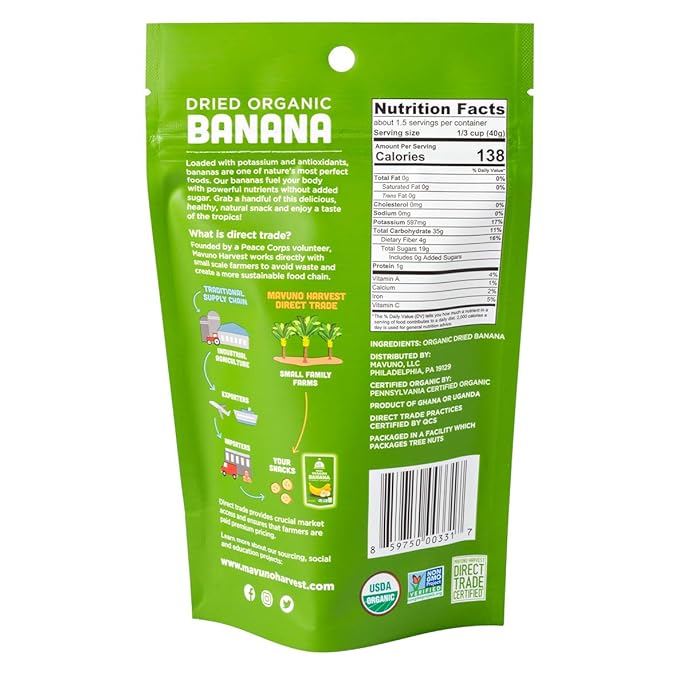 Mavuno Harvest Dried Banana Chips Fruit Snacks | Organic Dried Banana | Healthy Snacks for Kids &amp Adults | Unsweetened Banana Chips | Gluten Free Snack | Vegan Non GMO Direct Trade | 2 Oz Pack