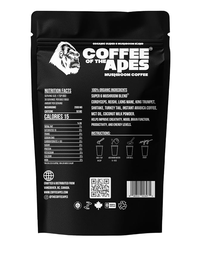 Coffee Of The Apes - Instant Mushroom Coffee: Real Arabica 6 Super Functional Mushrooms High Potency Adaptogens. Healthy Drink &amp Superfood Beverage