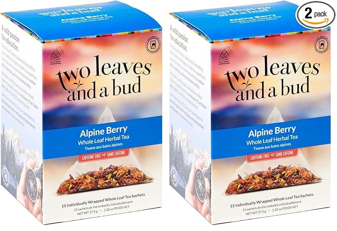 Two Leaves and a Bud Alpine Berry Herbal Tea Bags Naturally Caffeine Free Whole Leaf Herbal Tea with Hibiscus in Compostable Sachets Hot or Iced 15 Count (Pack of 2)