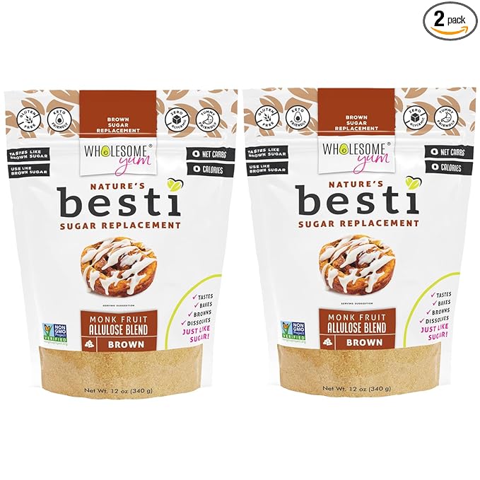 Wholesome Yum Besti Natural Brown Sugar Substitute - Keto Brown Monk Fruit Sweetener Blend With Allulose (No Erythritol) - Non GMO Zero Carb Zero Calorie Sugar Free No Aftertaste (12 oz 2 Pack)