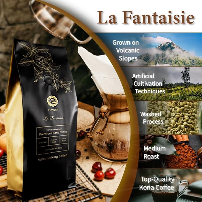 Hawaiian Kona Coffee Whole Beans100% Kona Single OriginExtra Fancy Top Grade Medium Roast 100% Hand Picked from Our Coffee Estate in Hawaii(La Fantaisie8 oz)