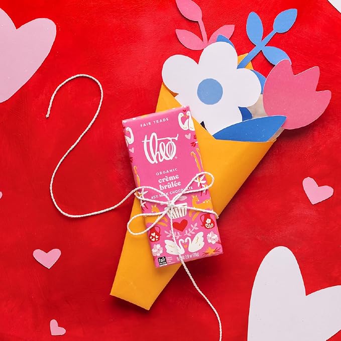 Theo Chocolate Valentine's Day Creme Brulee Organic Milk Chocolate Bar 45% Limited Edition 12 Pack Fair Trade Non-GMO