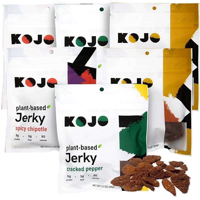 Kojo - Plant-Based Vegan Jerky Variety Pack - Cracked Pepper Ginger Teriyaki Spicy Chipotle 9g Protein 3g Fiber 90 Calories - 6 Bags (2pcs Each)