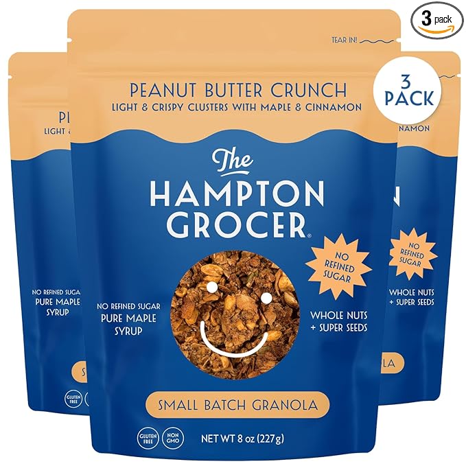 The Hampton Grocer Peanut Butter Crunch Granola 3 pack - Light &amp Crispy Clusters with Pure Maple Syrup Cinnamon Whole Nuts &amp Super Seeds Protein-Packed Crunchy Small-Batch 8oz