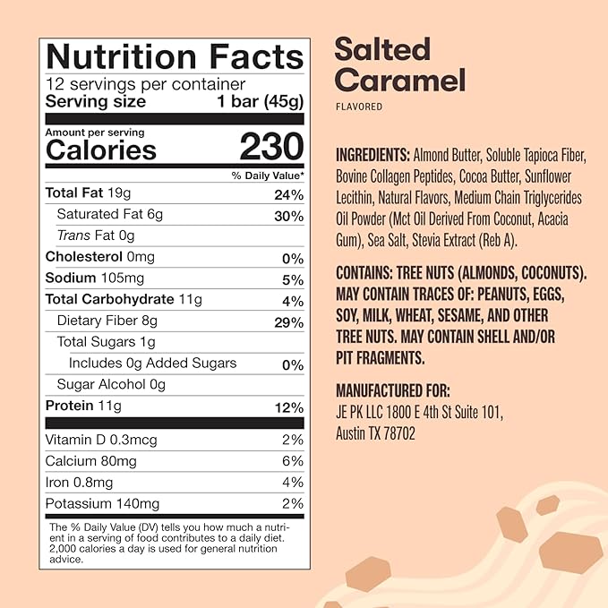 Perfect Keto Bars - The Cleanest Keto Snacks with Collagen and MCT. No Added Sugar Keto Diet Friendly - 3g Net Carbs 19g Fat11g Protein - Diet Food Dessert (Salted Caramel 12 Bars)