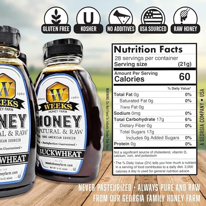 Pure Raw Unfiltered Buckwheat Honey 16 oz (6 Pack) - Premium Dark American Buckwheat Honey by Weeks Honey Farm | Bold Molasses Flavor