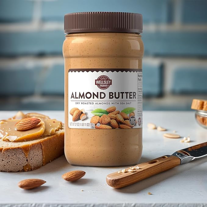 Wellsley Farms Almond Butter with Sea Salt 27 oz – Gluten-Free Creamy &amp Smooth Texture Made with Dry Roasted USA-Grown Almonds Peanut-Free High-Protein Spread for Toast Smoothies &amp Bakin