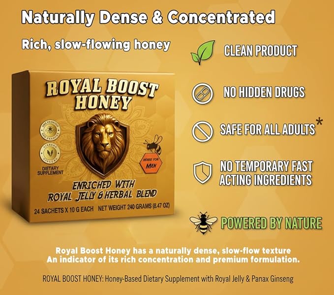 Royal Boost Honey - Apple Infused Linden Tree Honey with Royal Jelly &amp Panax Ginseng - 24 Sachets x 10g Each | On-the-go Snack | Individually Sealed Honey Packs - Smooth Natural Sweetness for Tea
