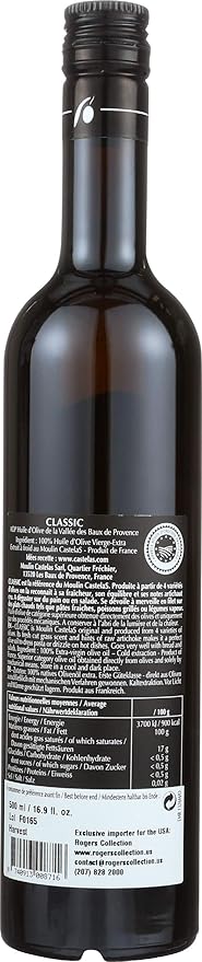 Castelines Classic AOP Vallee Des Baux De Provence 2020 Harvest Cold Extracted Extra Virgin Olive Oil - 0.5 Liter / 16.9 Ounces