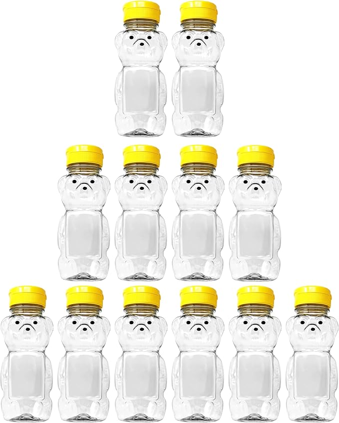 12 Pack of 12 Ounce Clear Honey Bears with Sealable Yellow Flip Top Lids (12 oz. Clear Bear 12pk Yellow)