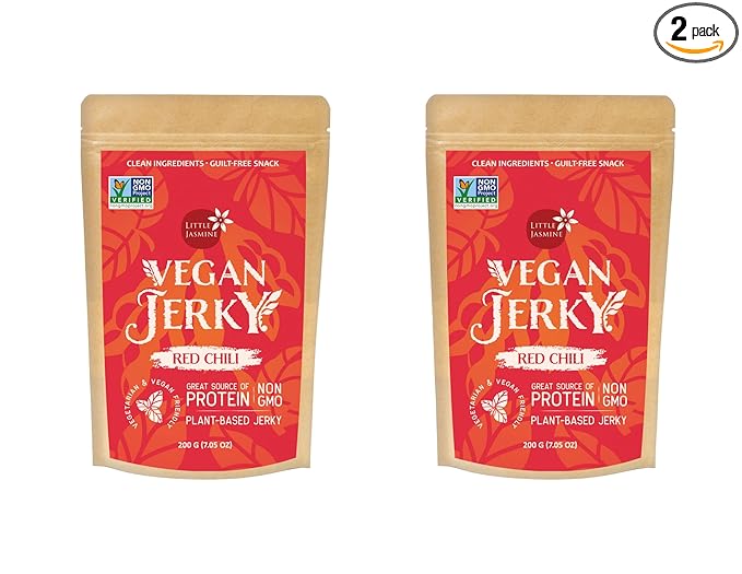 (2 PACK) NON-GMO Little Jasmine Vegan Jerky Red Chili Flavor Plant Based Protein Clean Ingredients Made in Taiwan 7.5 oz