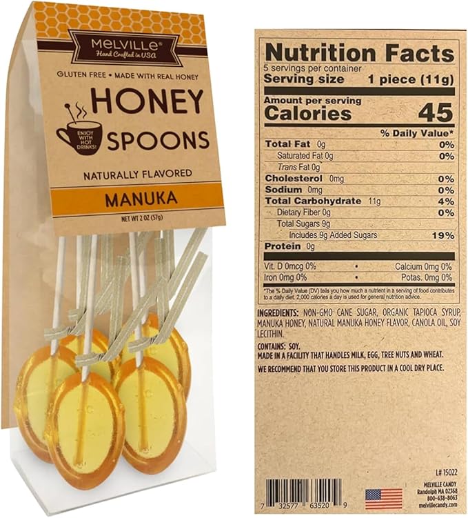 Melville Honey Spoon Bundle Pack of 3 Flavors - Honey Dipper Manuka Lemon Orange Blossom - 15 Honey Spoons For Tea - Delicious Candy Spoons - Hard Candy Honey Spoons Lollipop On Wooden Ball Sticks